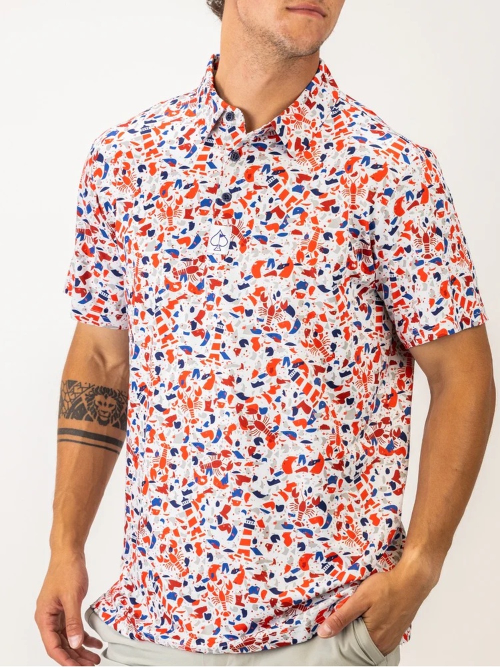 Men's pins & Aces Short-Sleeve Printed Polo Shirt in lobster print NWT